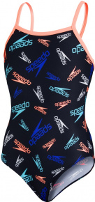 Бански за момичета Speedo Boom Logo Thinstrap Muscleback Girl Black/Neon Fire/Light Adriatic