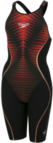 Дамски състезателни бански Speedo Fastskin LZR Pure Intent Openback Kneeskin Black/Blood Red/Dragonfire Orange/Gold